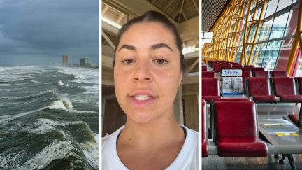 hurricane coming in (l) woman asking for help (c) empty airport due to cancelled flights (r)