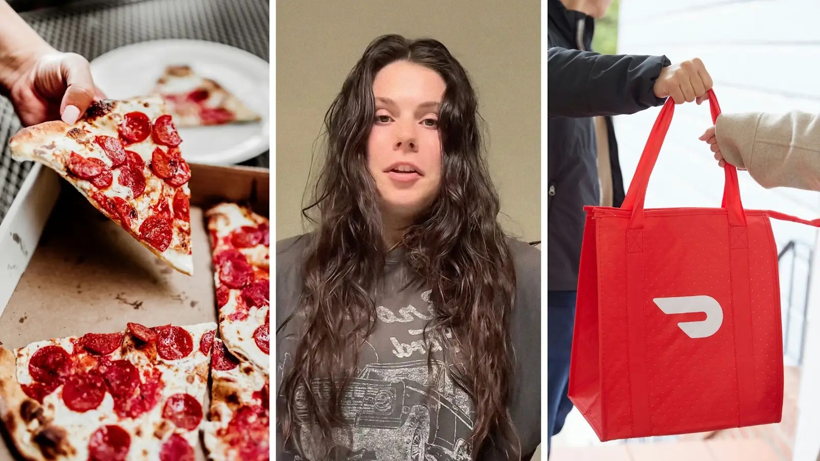 cheesy pizza (l) woman shares doordash experience (c) doordash bag (r)