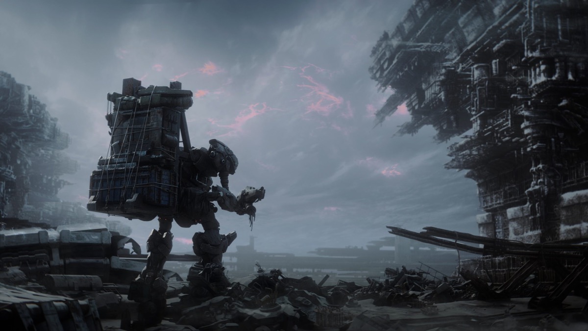 A mecha soldier wanders a technological wasteland in "Armored Core VI"