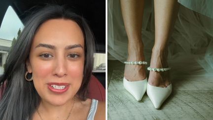 woman shares doogy and shoe accident (l)wedding heels (r)
