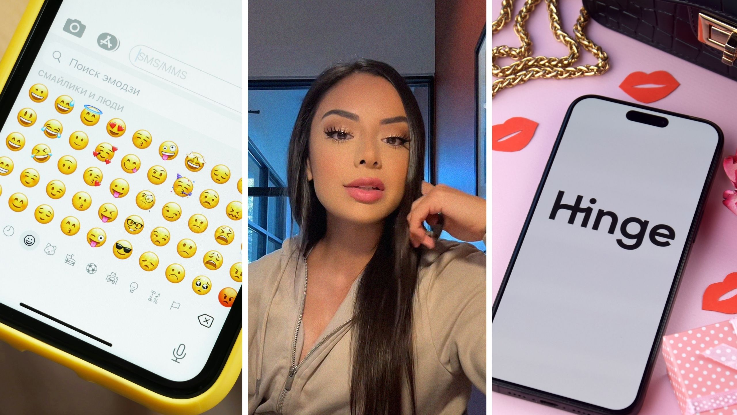 flirty texting (l) woman shares hinge story (c) hinge app (r)