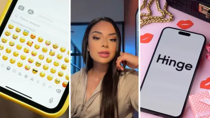 flirty texting (l) woman shares hinge story (c) hinge app (r)