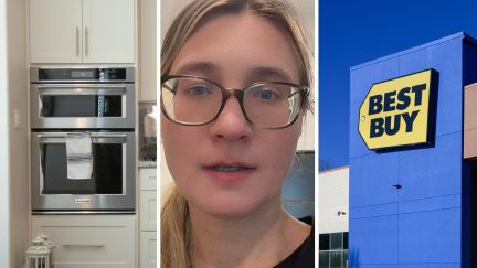 wall oven (l) woman shares best buy issue (c) best buy store front (r)