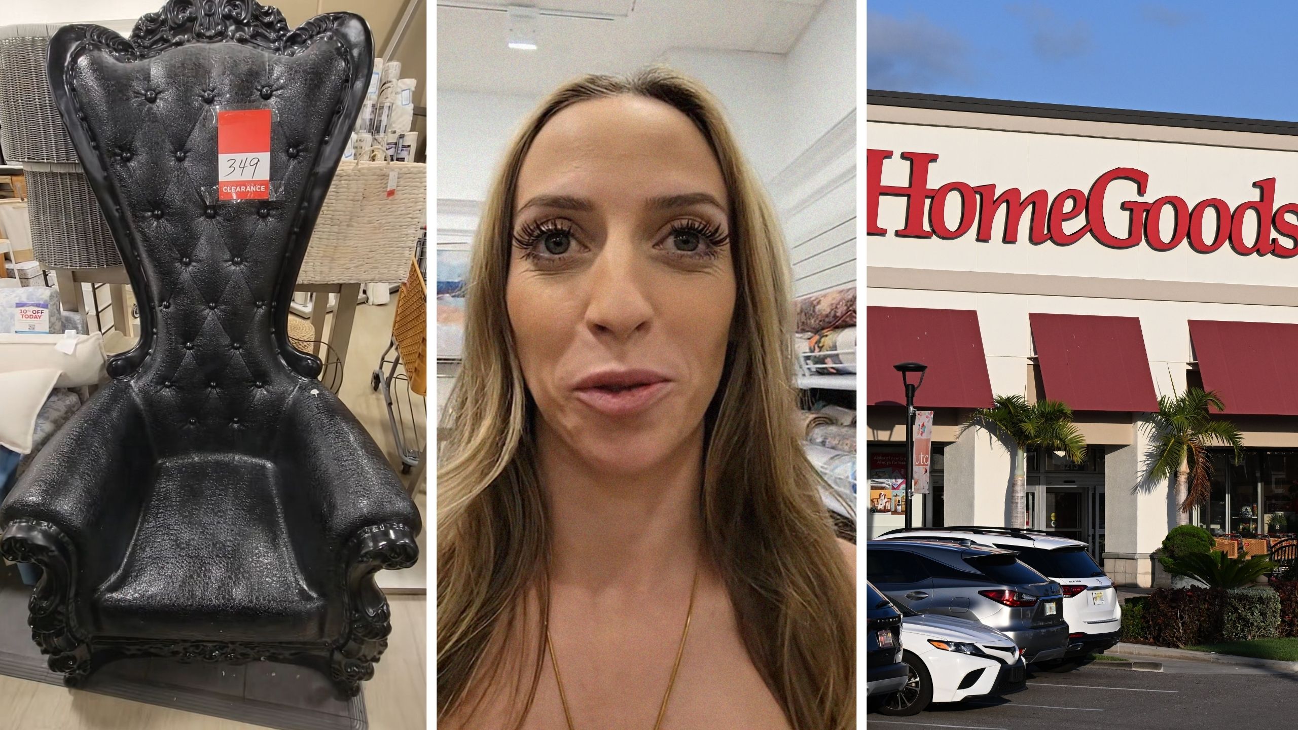 ornate chair (l) woman shares great shopping find (c) homegoods store front (r)