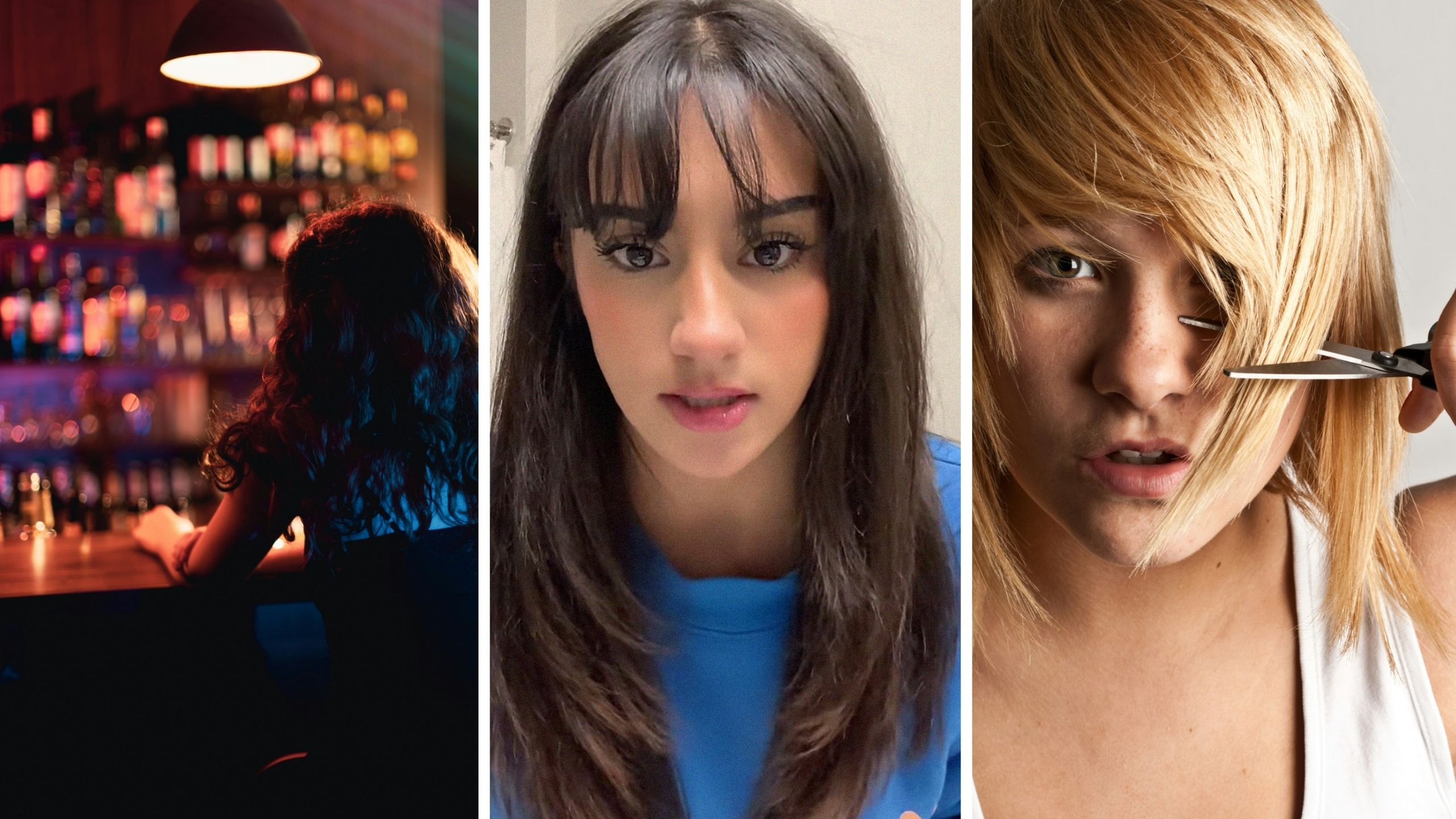 woman sitting lonely at bar (l) woman shares bangs experience (c) woman getting bangs (r)