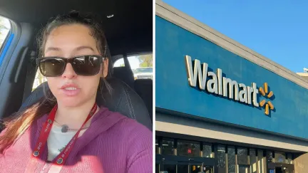 woman shares cake issue (l) walmart store front (r)