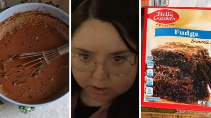 brownie in the making (l) woman shares baking issue (c) betty crocker brownie mix (r)
