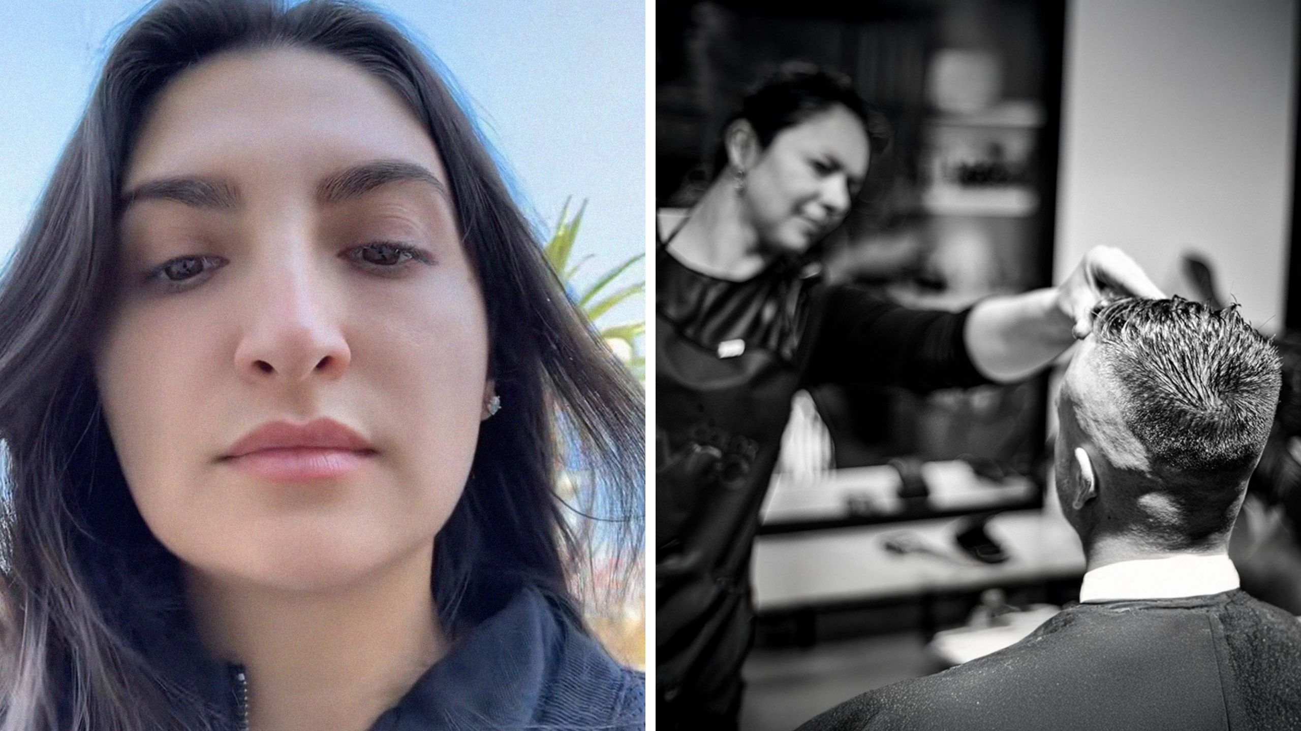 woman shares why she takes her husband to the salon (l) man in salon chair (r)