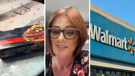 burger patties (l) woman shares purchase (c) walmart store front (r)