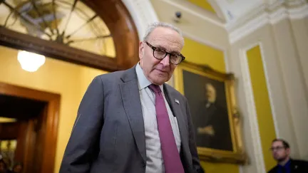 WASHINGTON, DC - OCTOBER 7: Senate Minority Leader Chuck Schumer (D-NY) arrives for a news conference following a weekly Democratic policy luncheon on Capitol Hill on October 7, 2025 in Washington, DC. The government remains shut down after Congress failed to reach a funding deal last week. (Photo by Andrew Harnik/Getty Images)
