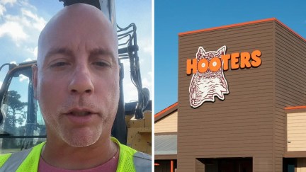 man shares hooters issue (l) hooters entrance (r)