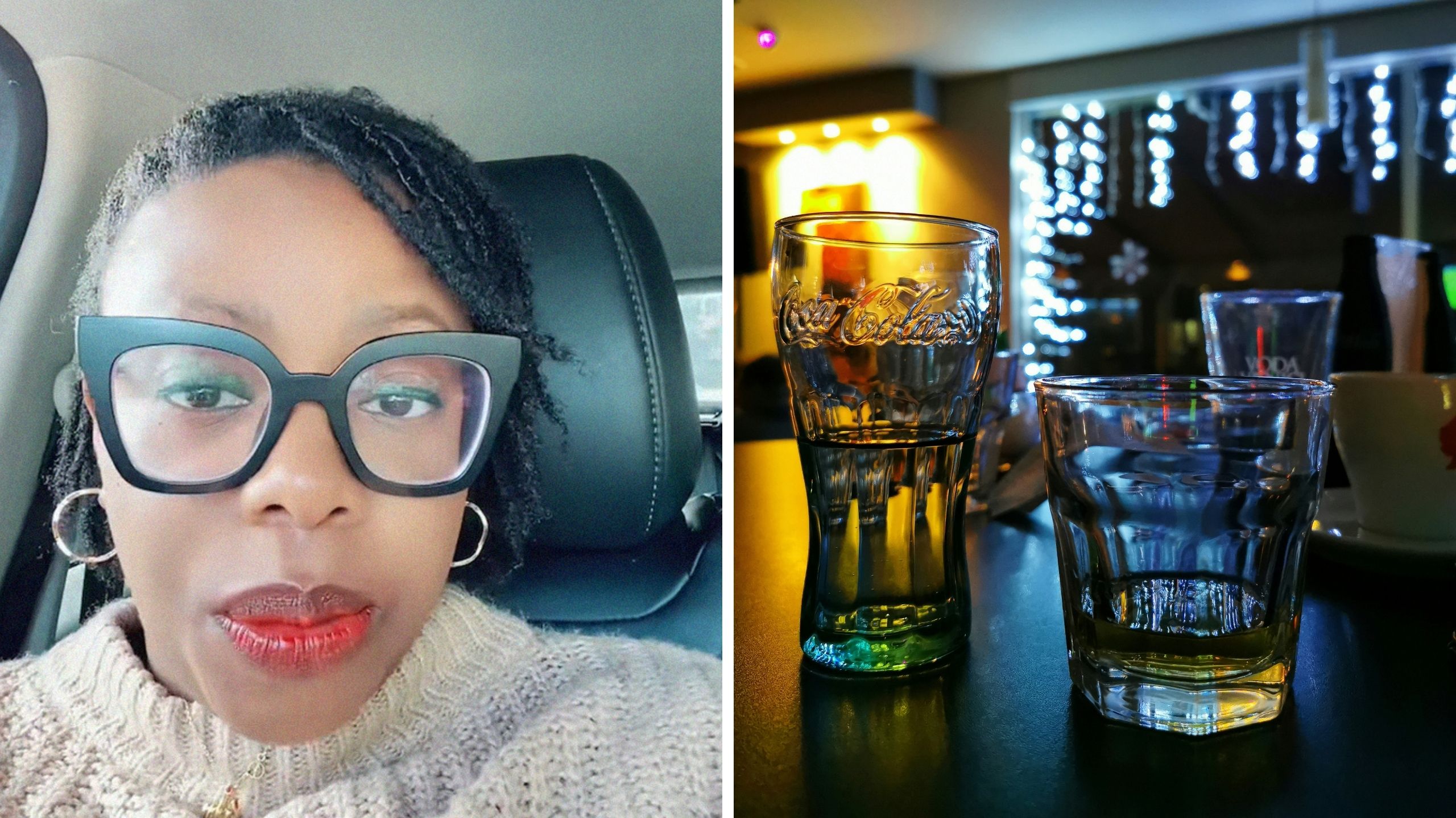 woman shares bar experience (l) empty drinks (r)