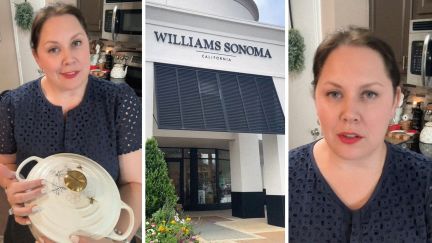 woman holding dutch oven (l) williams sonomas store front (c) woman shares product issue (r)