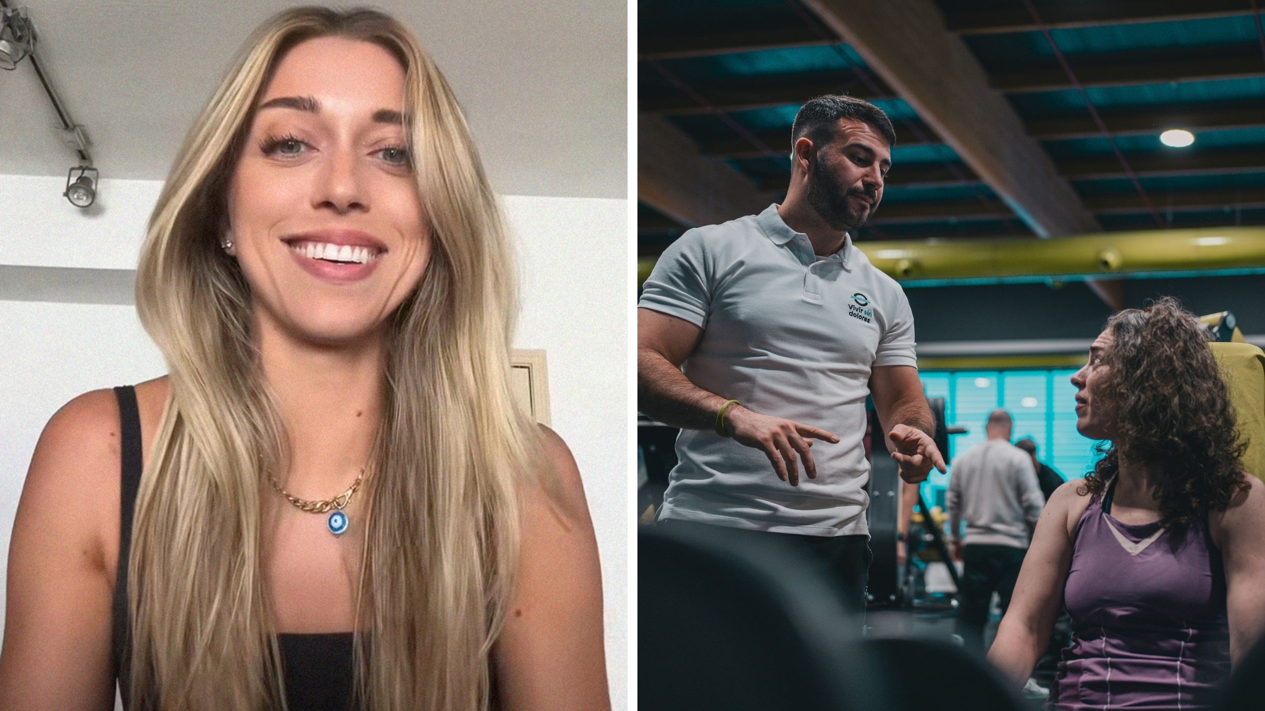 woman shares gym experience (l) man and woman in the gym (r)