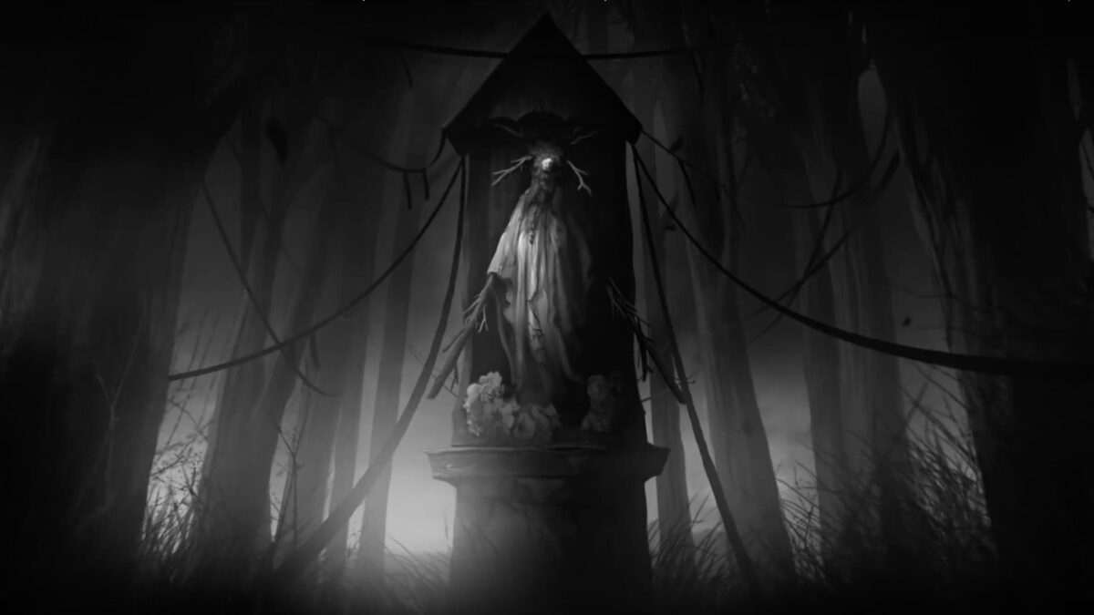 An eldritch entity stands in a black and white forest in "Darkwood" 