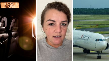 plane exit row (l) woman shares work issue (c) delta plane (r)