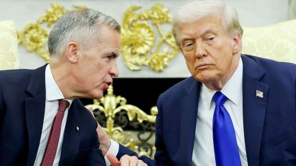 WASHINGTON, DC - OCTOBER 07: U.S. President Donald Trump (R) and Canadian Prime Minister Mark Carney speak to reporters in the Oval Office of the White House on October 07, 2025 in Washington, DC. Carney and Trump will meet in the Oval Office and later have a bilateral lunch where they are expected to discuss a range of topics including U.S. tariffs. Carney visited the White House earlier in the year after he was elected prime minister. (Photo by Anna Moneymaker/Getty Images)