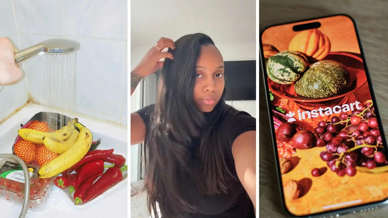 washing groceries (l) woman shares groceries issue (c) instacart app (r)