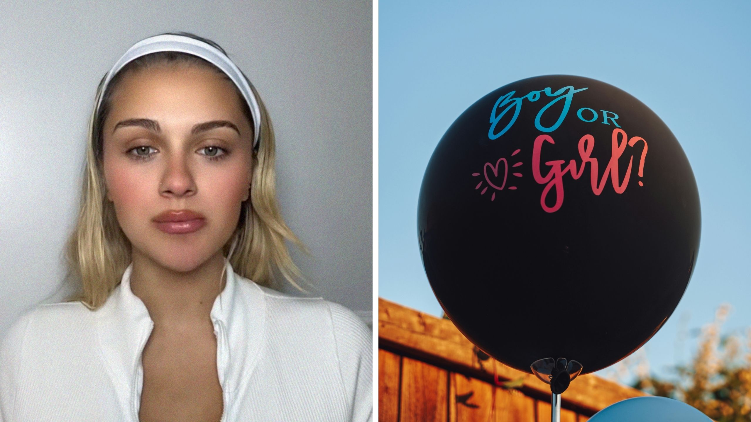 woman shares gender reveal issue (l) gender reveal balloon (r)