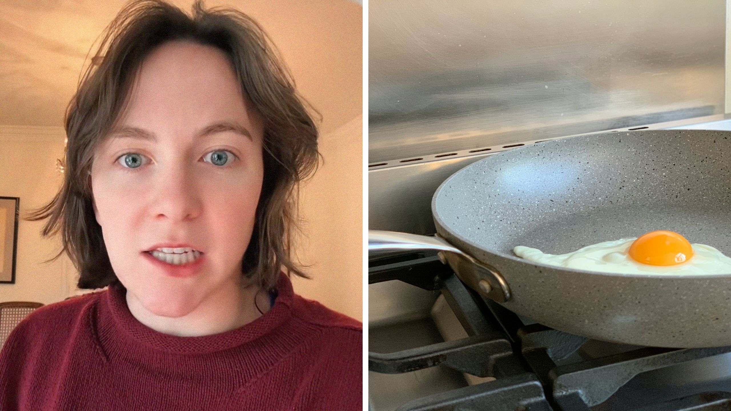 woman shares cooking accident (l) egg in pan (r)