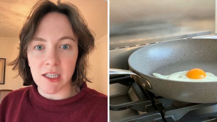 woman shares cooking accident (l) egg in pan (r)