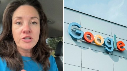 woman goes thrift shopping (l) Google on building (r)