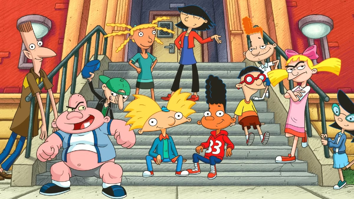 The cast of "Hey Arnold" sitting on a stoop  
