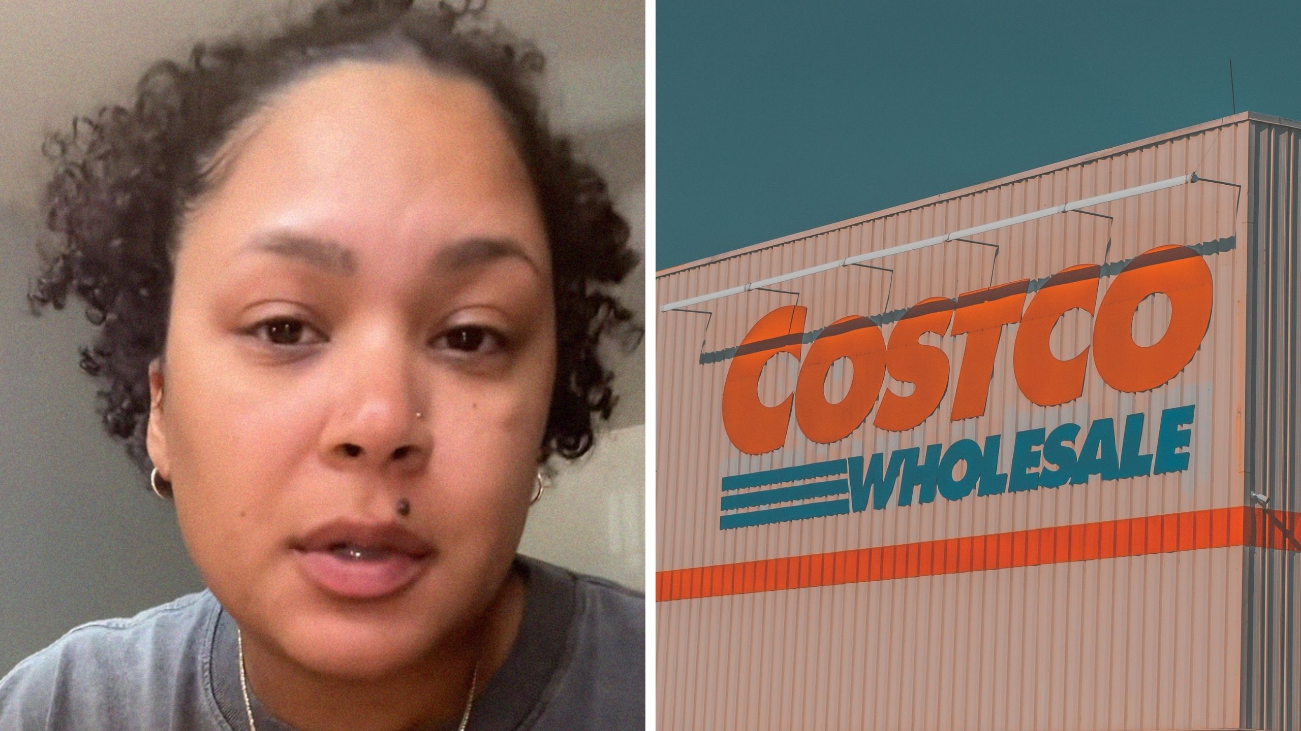 woman shares costco experience (l) costco store front logo (r)