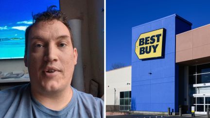 man shares work issue (l) best buy store front (r)