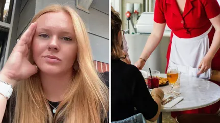woman shares restaurant alerts for allergies (l) woman placing item on table (r)