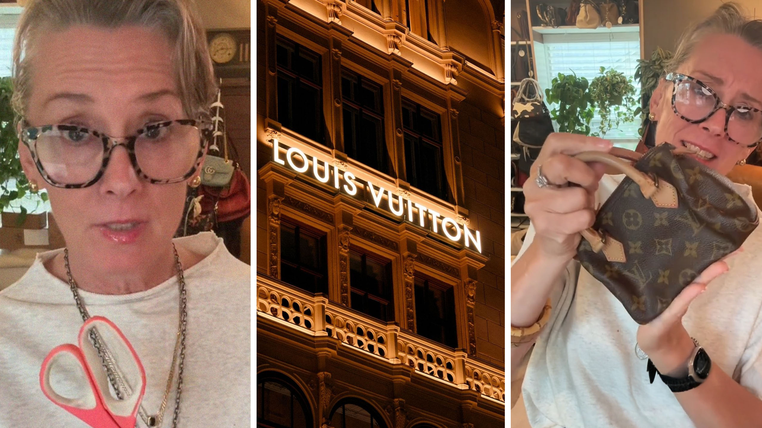 louis vuitton bag (l) louis vuitton store front (c) woman shows off her vintage bag (r)