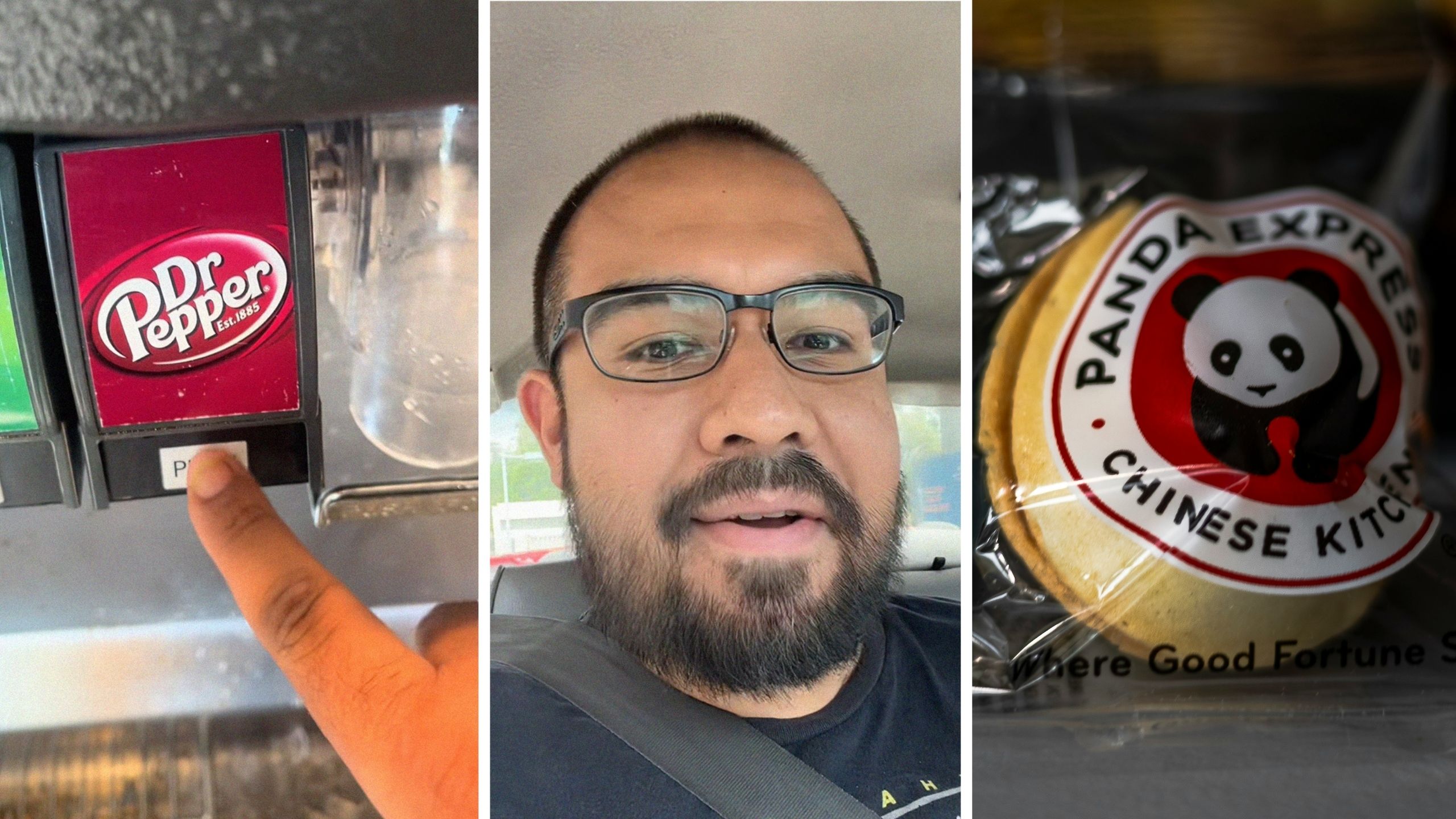 Dr pepper soda (l) man shares soda news (c) panda express logo (r)
