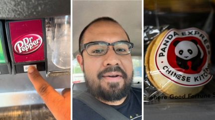 Dr pepper soda (l) man shares soda news (c) panda express logo (r)