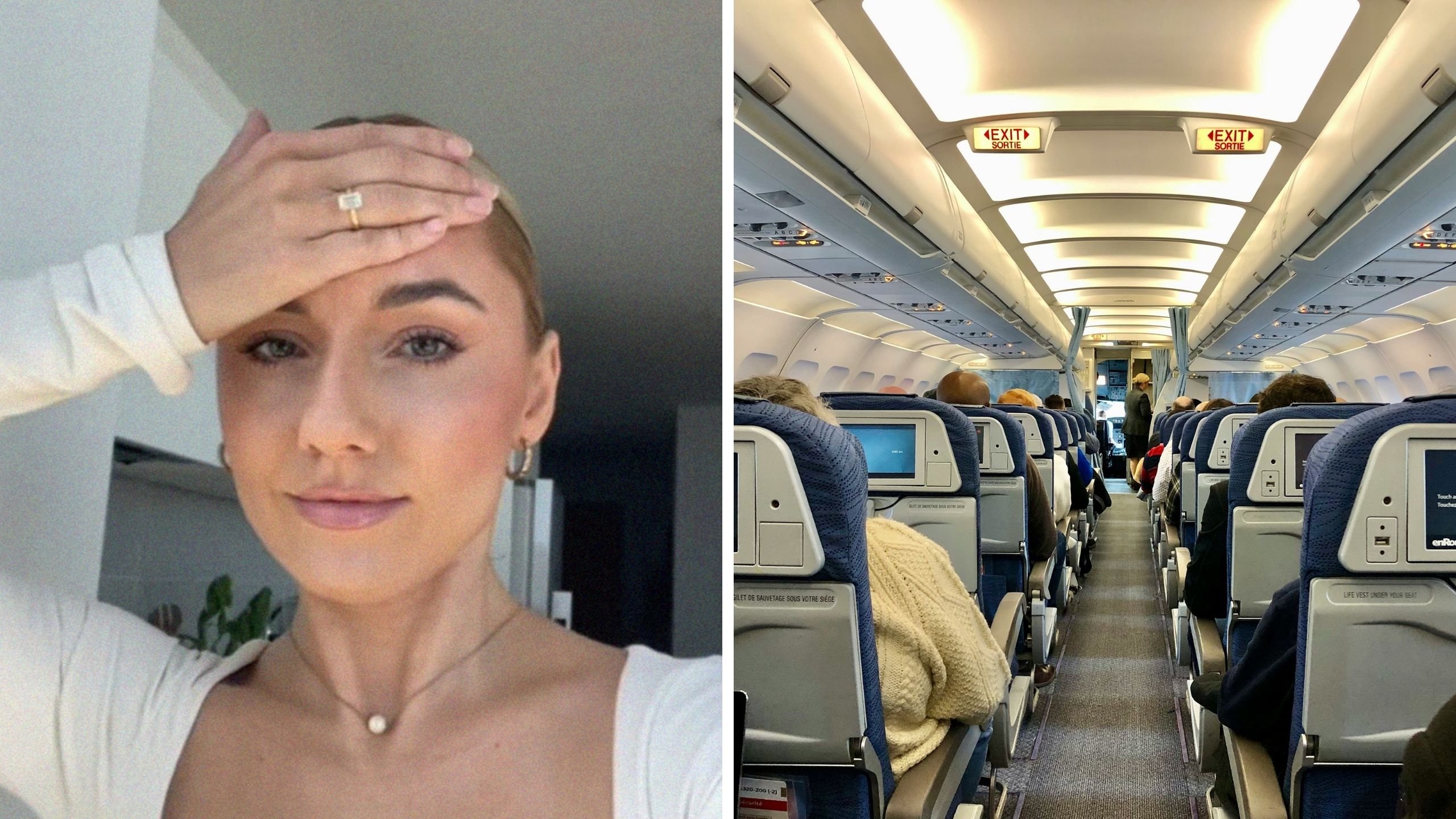 woman shares flight tips (l) inside airplane (r)