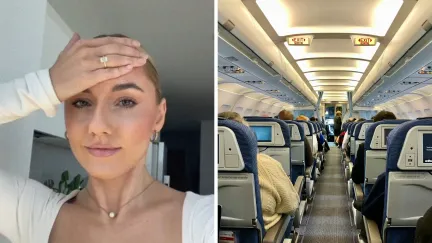 woman shares flight tips (l) inside airplane (r)