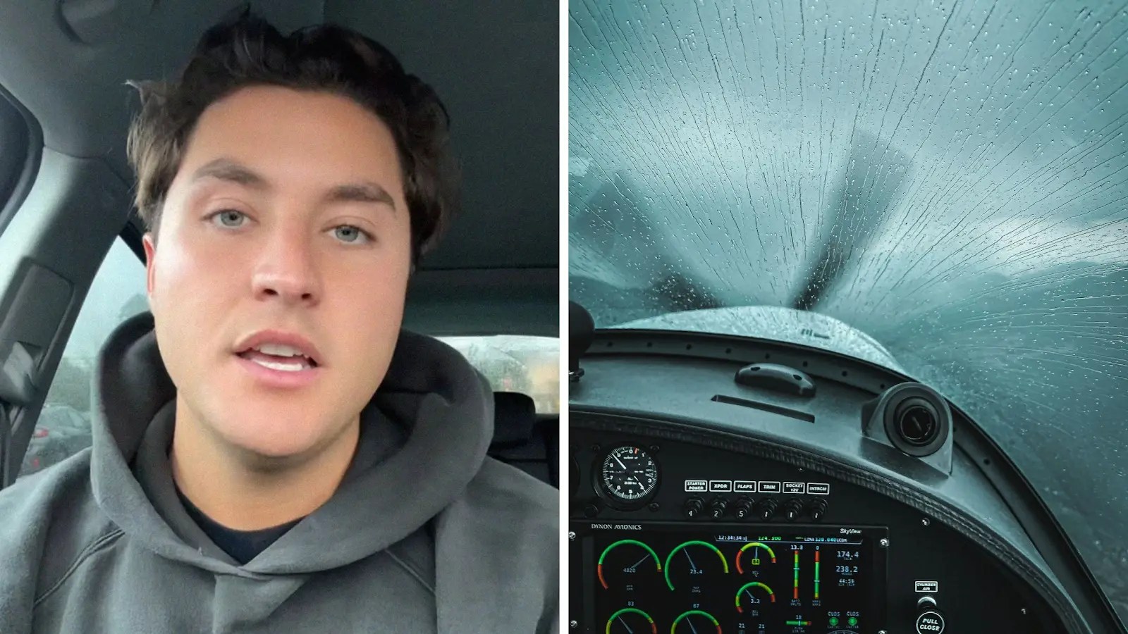 man shares flight experience (l) stormy flight (r)