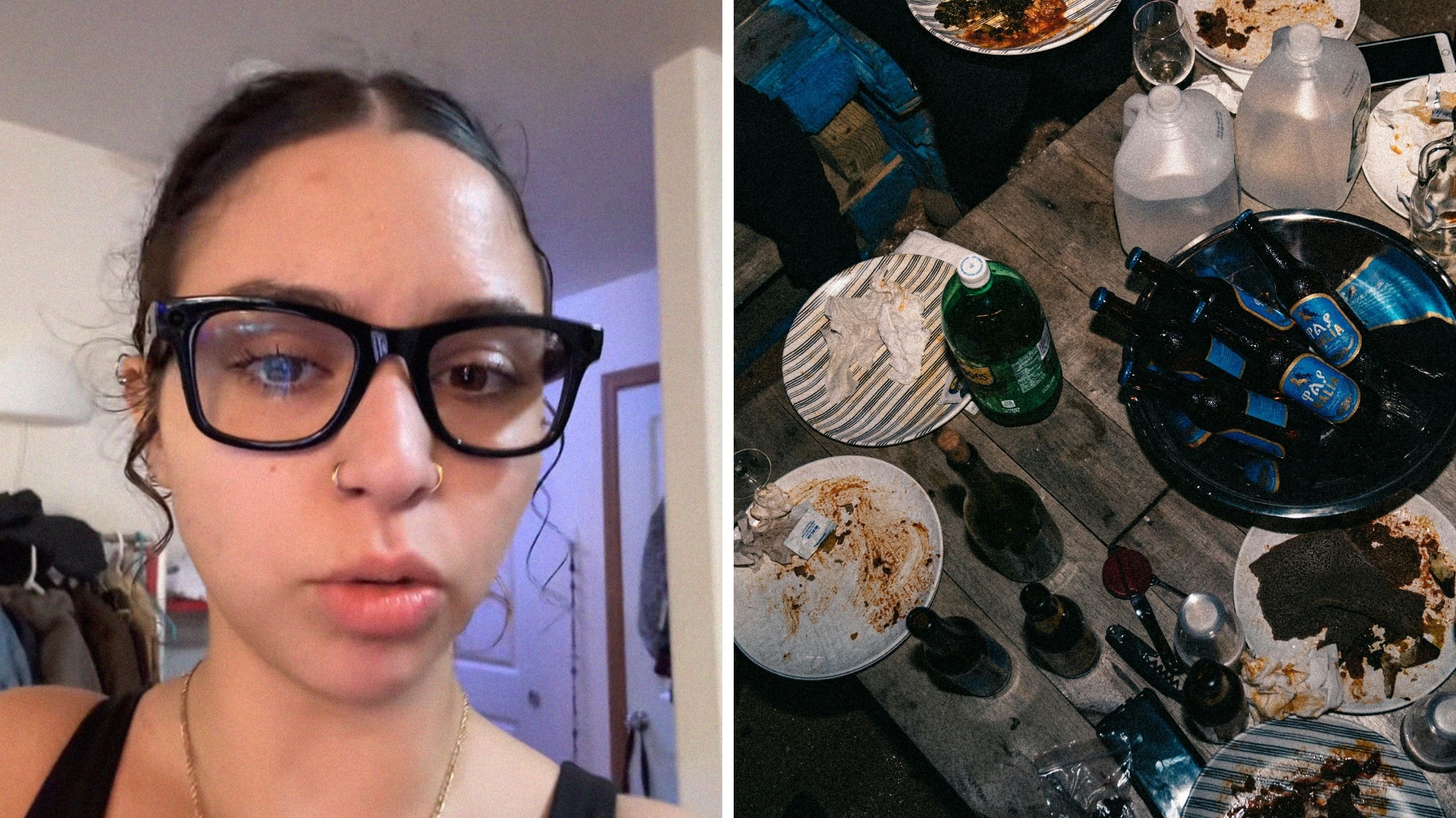 woman shares date issue (l) dirty table (r)