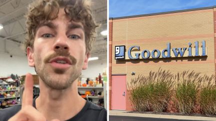 man shares goodwill information (l) goodwill logo (r)