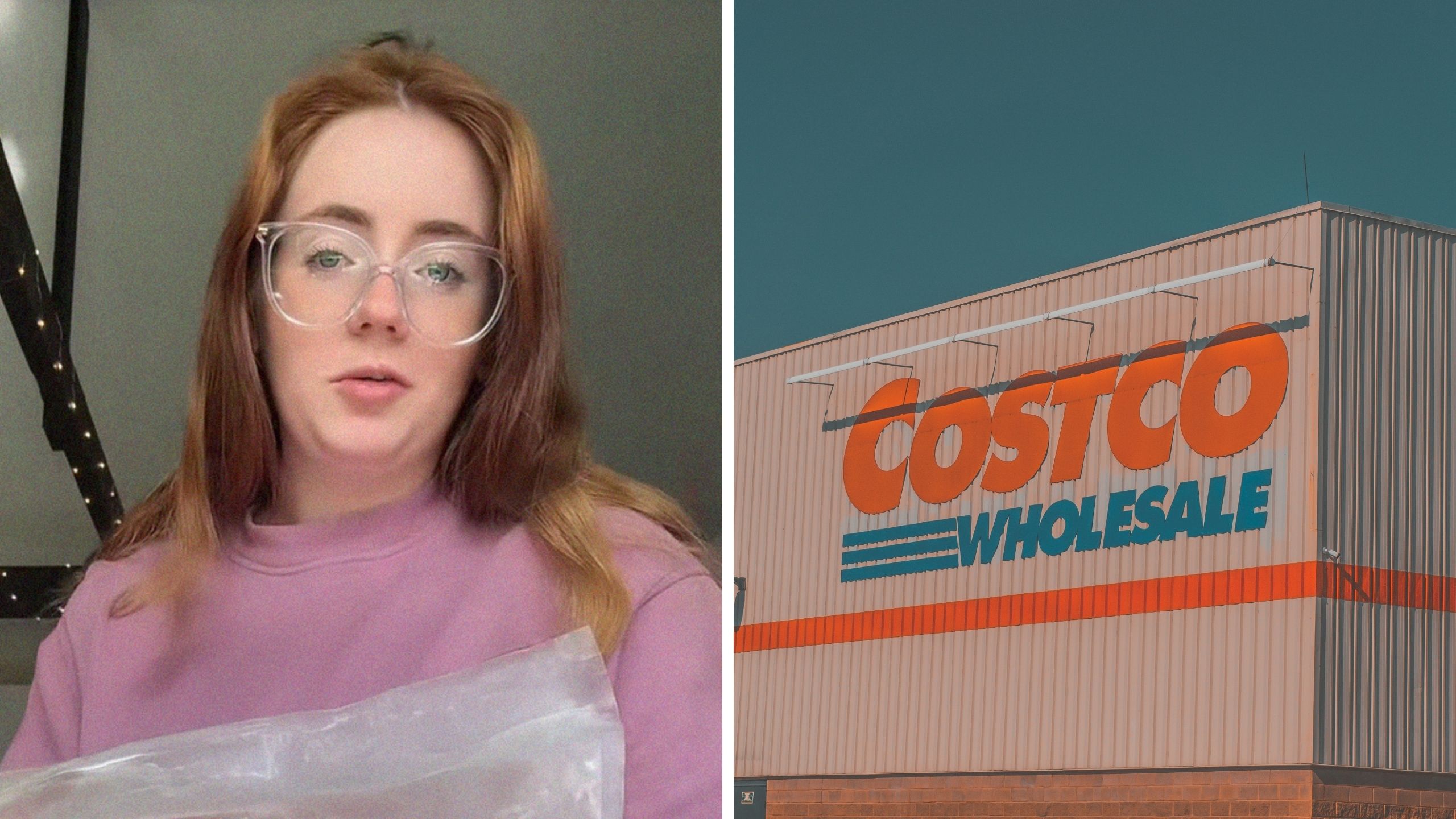 woman shares costco finds (l) costco store logo (r)