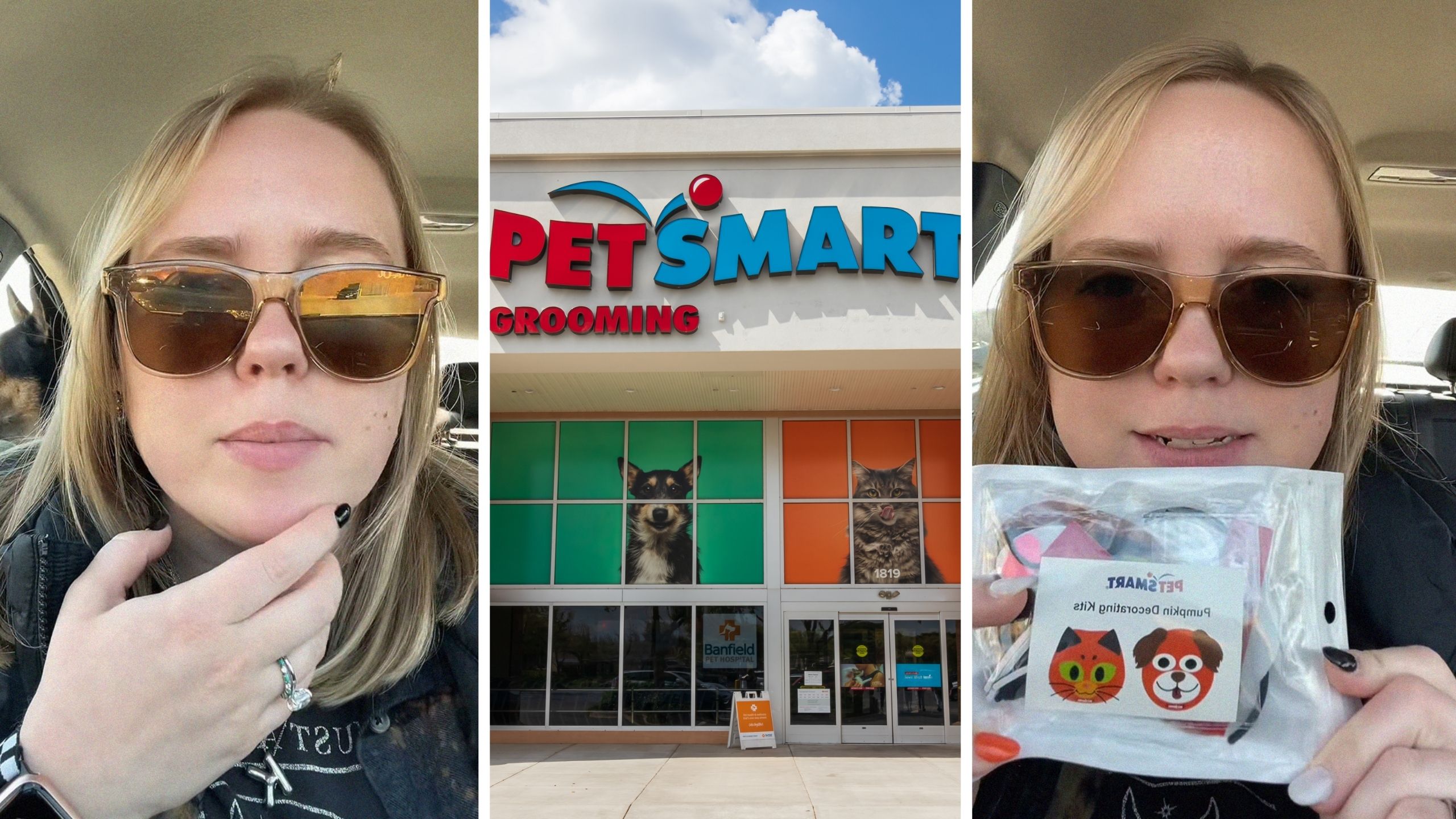 woman shares PetSmart experience (l) PetSmart etnrance (c) woman holding up a kit (r)