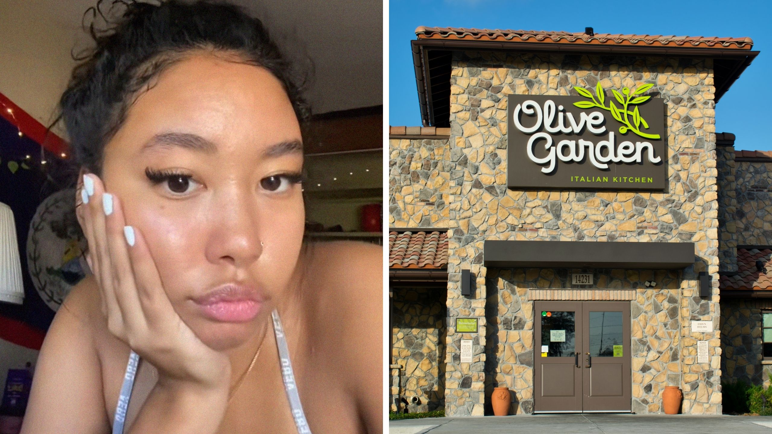 woman shares dinner (l) olive garden (r)