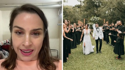 woman shares party story (l) black tie wedding (r)