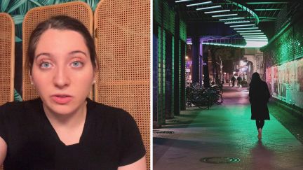 woman shares how she saved someone (l) woman walking alone at night (r)