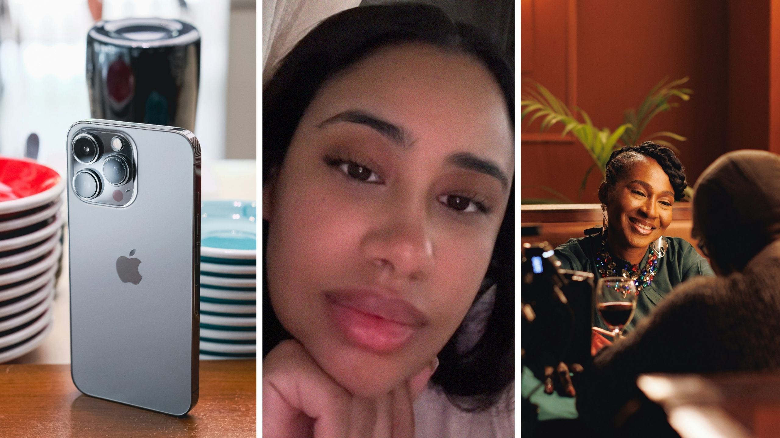 phone on table (l) woman shares date experience (c) couple on date (r)