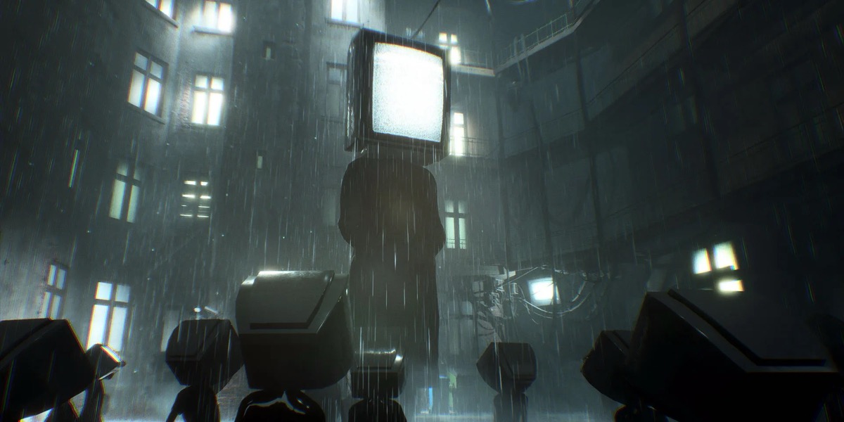 A TV-headed person stands in a rainy alley, watched by other TV -headed people in  "Observer"