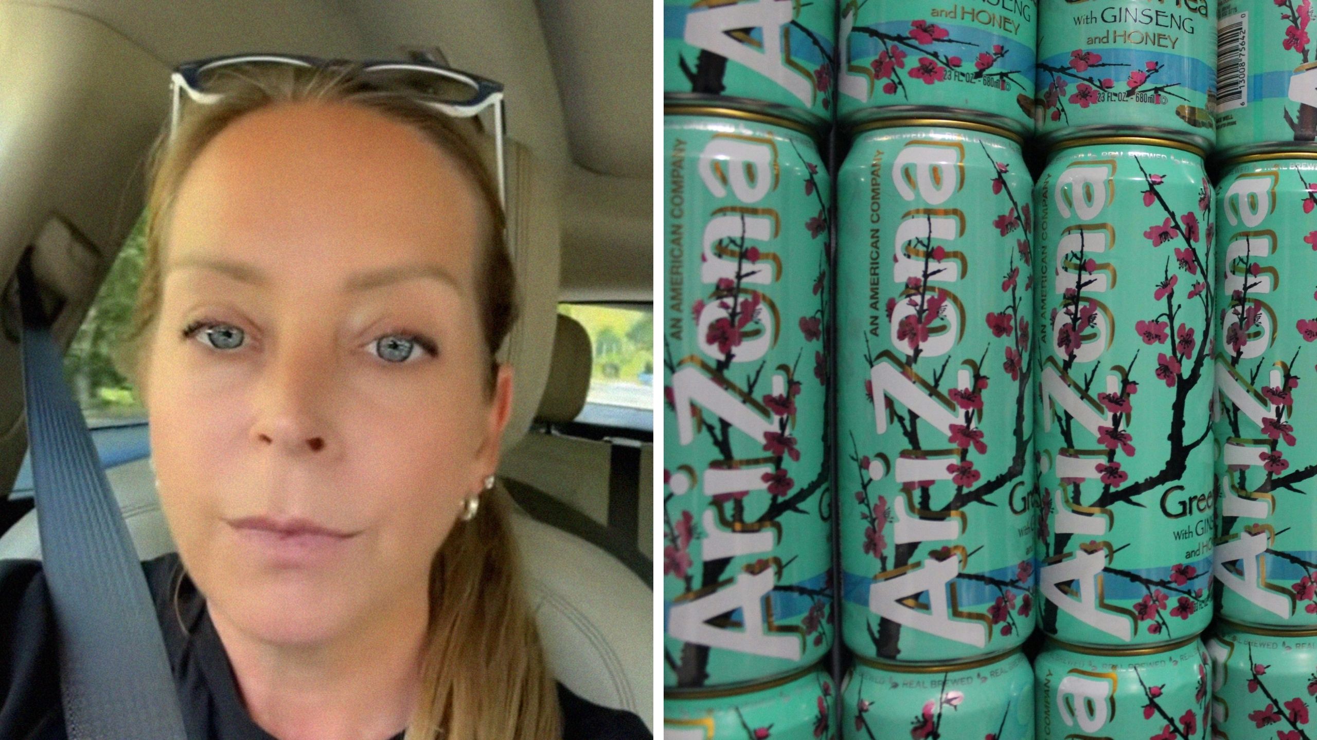 woman purchases arizona (l) arizona iced tea (r)