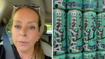woman purchases arizona (l) arizona iced tea (r)