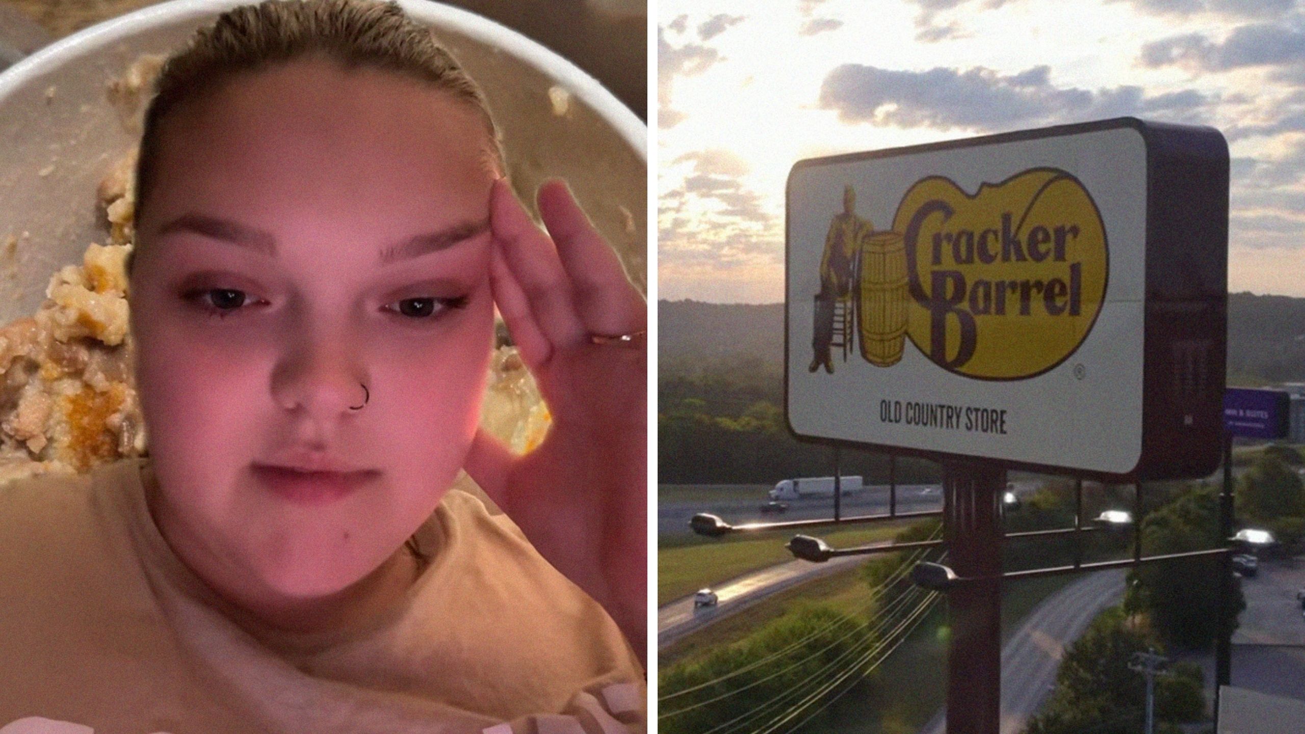 woman shares food conflict (l) barrel cracker logo sign (r)