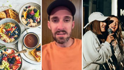 food on the table (l) man shares restaurant story (c) women singing (r)