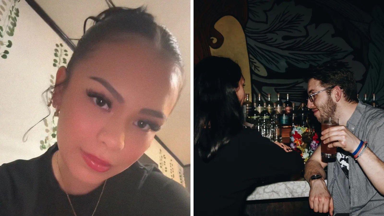 woman shares drinking experience (l) man and woman at bar (r)